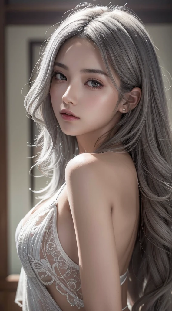 Highest quality、Masterpiece、High resolution、Masterpiece、 One Japanese woman、Beautiful adult woman、actress、2、Silver Hair、Middle Hair、The most beautiful face:1.3、(orgasm face:1.3)、Beautiful Skin、Cute eyes、Big eyes、Droopy eyes、Brown eyes、Thin lips、Glossy Lips、light makeup、Detailed hands、Detailed fingers、Biggest breasts 、Sexy body、Long and beautiful legs、ピンクビキニ、Looking into the camera、whole body、City of night、