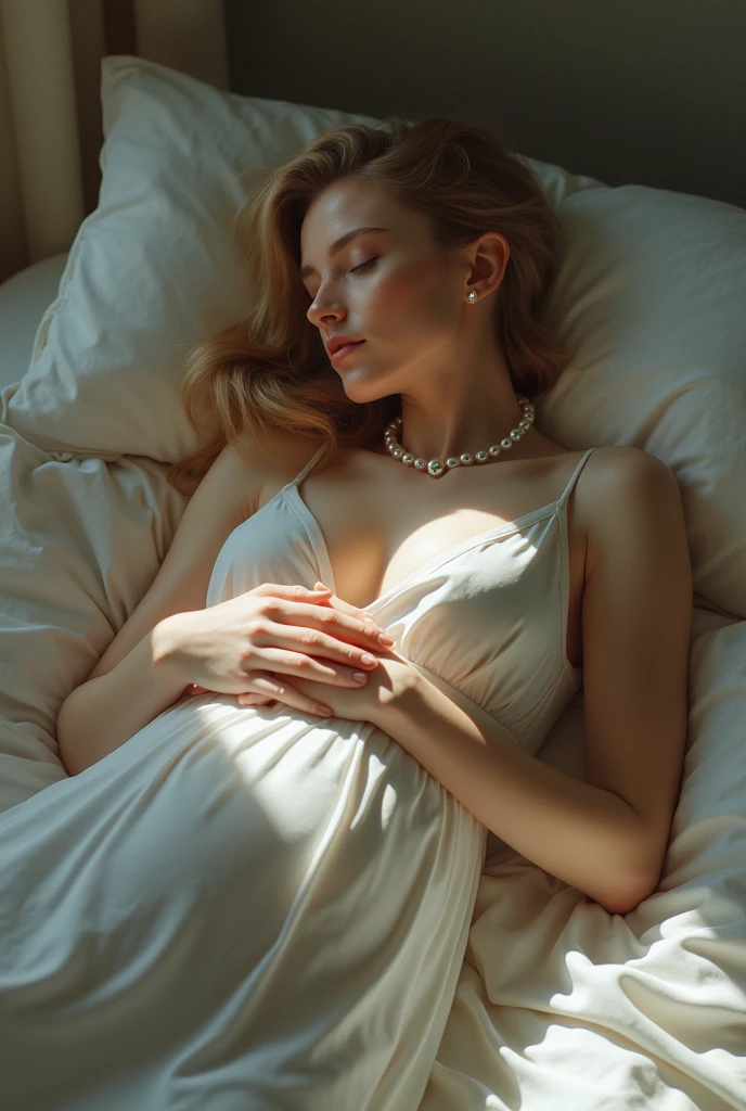 a beautiful blonde woman , naked and that she is wrapped from head to toe in white plastic like a mummy, sleeping and lying on a bed, She's wearing a gift ribbon on her head., Ultrarealistic and beautiful face, Realistic and high quality image, Excellent lighting, full body image, that she has a home delivery sign.