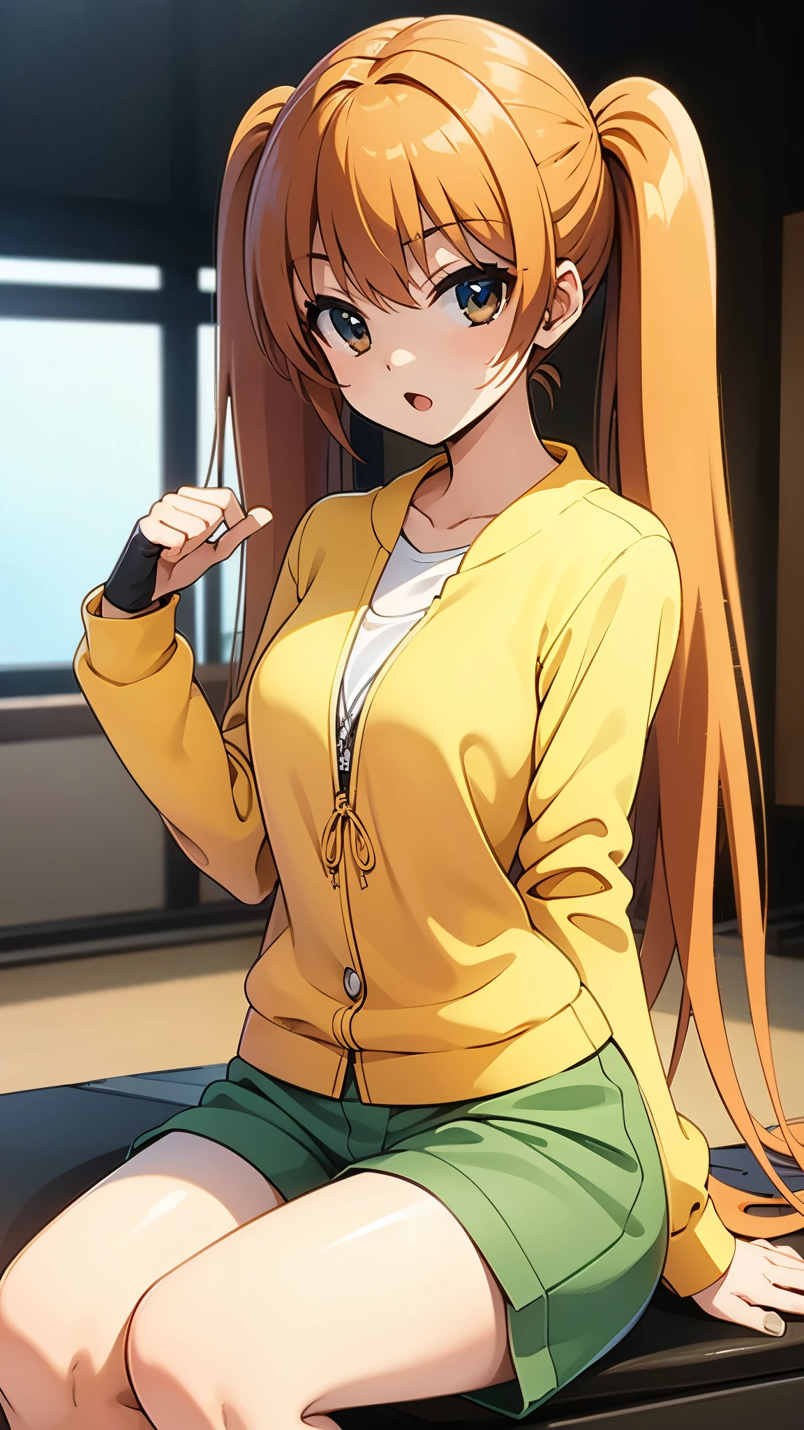 indoor, in lunch store, sitting, anime style, angry, pout1:4, teas, orange hair1:4, break high bridge1:8, BREAK super straight hair, BREAK long side twin tails1:6,BREAK yellow string bow1:2 break dark green shorts1:3, (best quality,8k,highres,masterpiece), detailed face, detailed eyes, detailed lips, long eyelashes