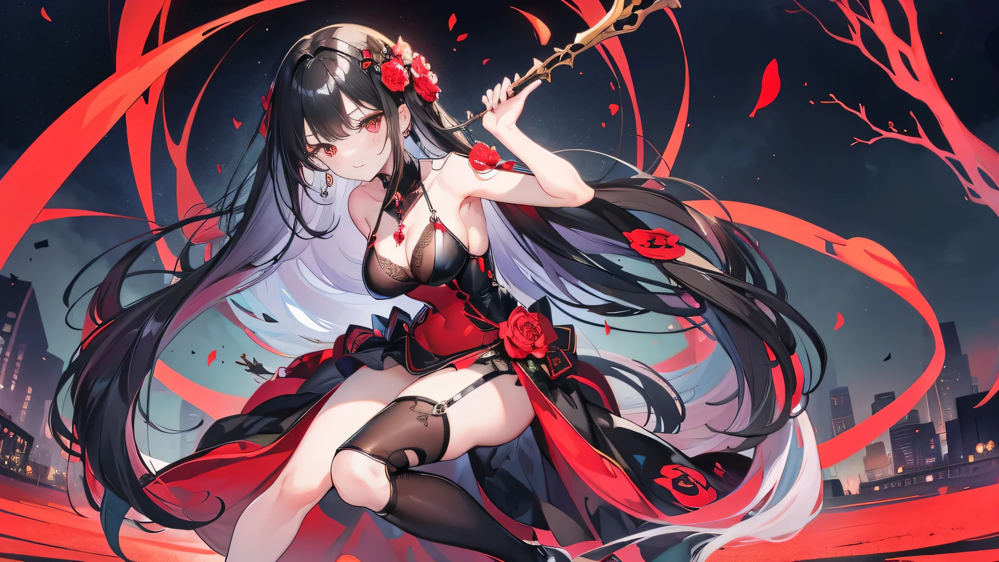 Sea of flowers, girl, holding a flower in hand, red eyes, black lace underwear, shyness, wreath headdress, smile, panorama, high definition, ultra-high detail, two-dimensional painting style, two-dimensional, flat painting, full body photo, overhead lens, perfect picture quality.