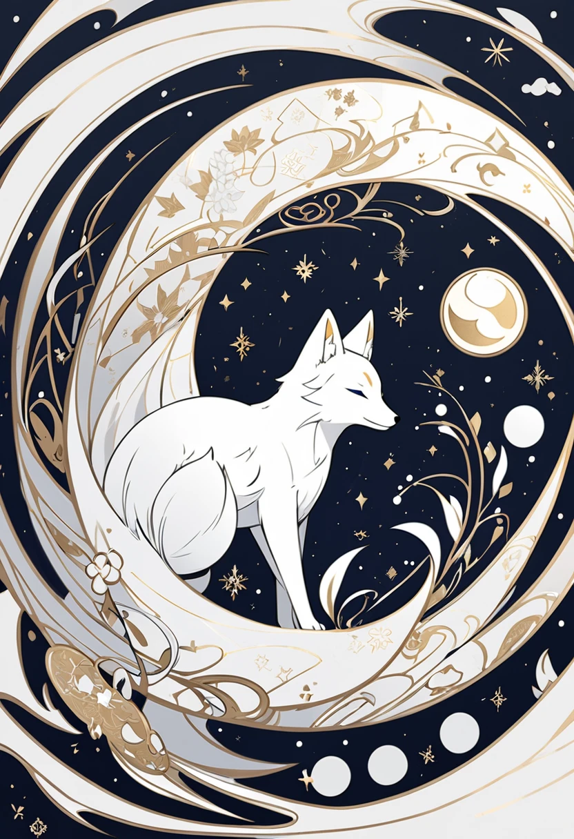 Logo sticker White snow fox and moon, line art logo, white and dark gold background, dark blue, solid