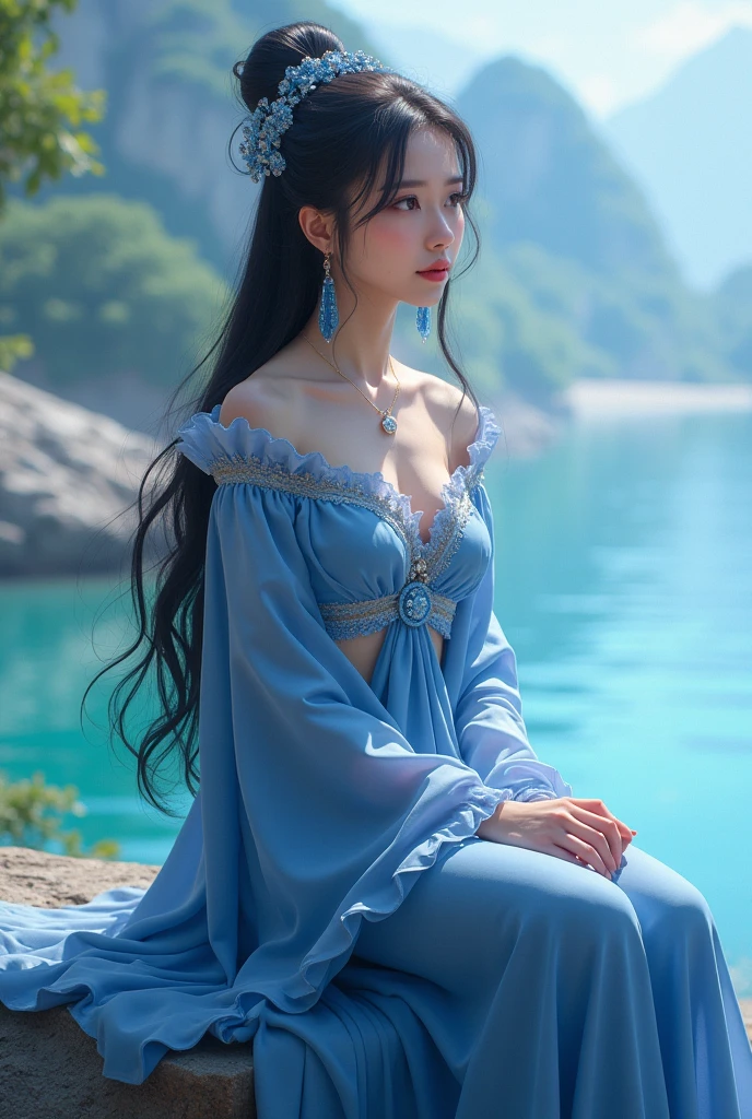 Arafat woman in a blue dress sits on a rock near a body of water,  a beautiful fantasy queen, Japanese Goddess,  beautiful and attractive anime woman , (( a beautiful fantasy queen)),  Beautiful Goddess , Anime Goddess, 8k HD High Quality Detailed Images ,  sexy anime girl ,  trending on cgstation , Beautiful fantasy girl,  fantasy art style 
