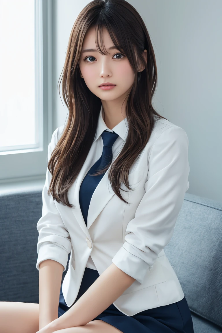 a Japanese girl walking in the school, school, a white wall, a grey table, ((master piece)), ((best quality)), ((intricate detailed)), ((Hyperrealistic)), milf, mature woman, perspective, highly detailed, illustration, ((natural beautiful breasts)), perfect hands, detailed fingers, beautiful detailed eyes, medium long hair, blown eyes, school blazer, school shirt, school mini skirt, long school necktie, earrings, detailed background, perfect eyes, looking at the viewer, from front, inverted nipples, white panties,