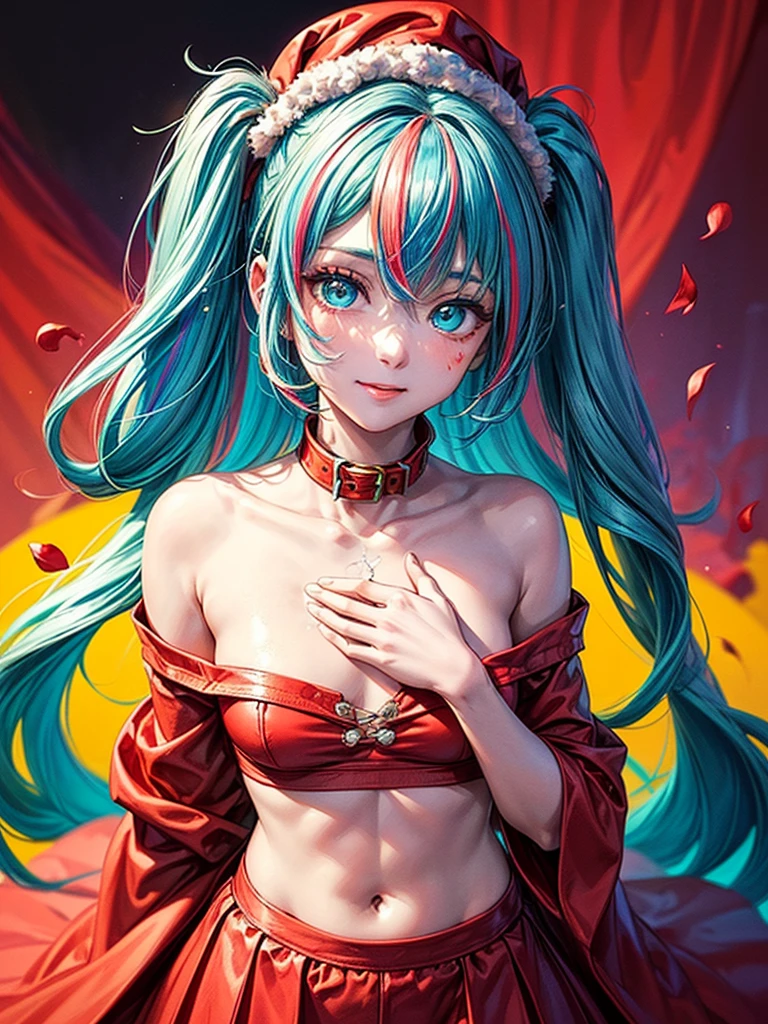 (( barbie red teal blue hair color)), pink eyes,sexy woman, cat ears, hearts, floating hearts, face only, long hair, smiling, hair ornament, up close face, closed mouth smile, up closeface, hair bows, sexy body