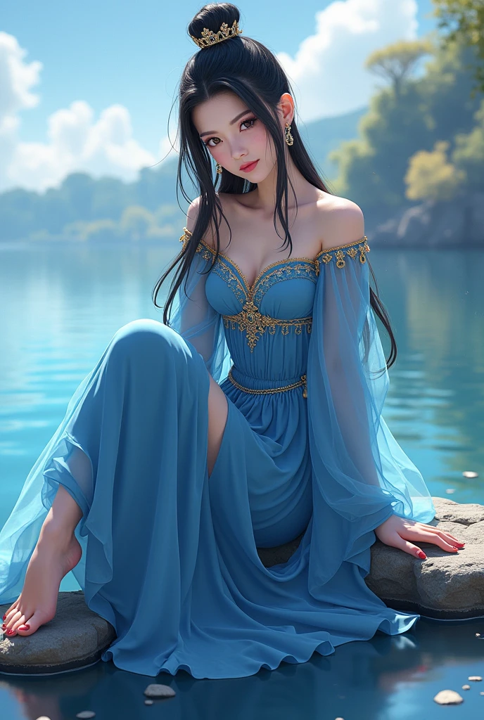 Arafat woman in a blue dress sits on a rock near a body of water, Yang J Concept Art,  Artstation Contest Winner , Fantasy Art,  a beautiful fantasy queen, Japanese Goddess,  beautiful and attractive anime woman , (( a beautiful fantasy queen)),  Beautiful Goddess , Anime Goddess, 8k HD High Quality Detailed Images ,  sexy anime girl ,  trending on cgstation 
