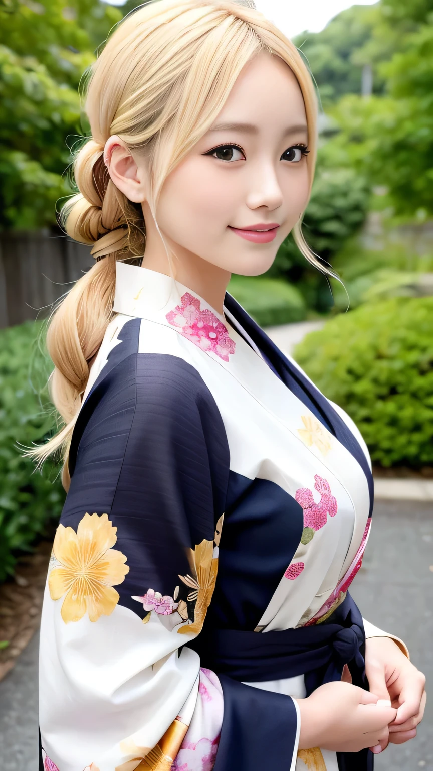 Japan girl is very cute。Big green eyes、Red-white kimono、Wearing flashy national costumes、Blonde braid、Wearing a lot of fancy ornaments、Royal Girl、