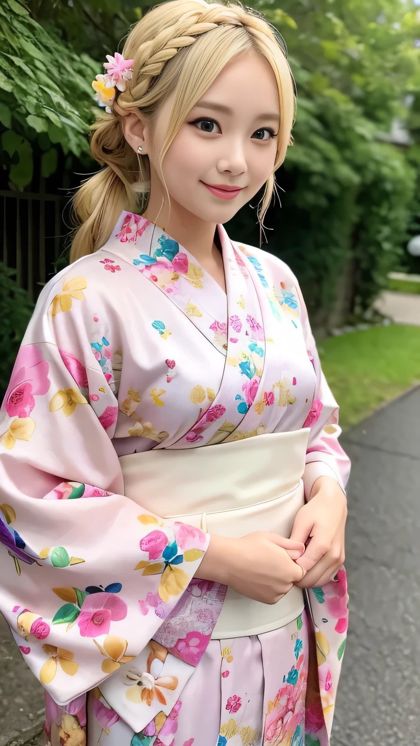 raw photo, 8k, (top-quality), Realistic, (real picture, Intricate details), (natural skin texture, detailed skin, hyper realism, sharpness), (pale skin:1.5), Japanese teenage girl walking in shopping street at night, (sexy floral pink yukata:1.5), exposed cleavage:1.3, slender body, (blonde hair, bun hairstyle, blunt bangs), shy smile, night time, (fireworks:1.5)