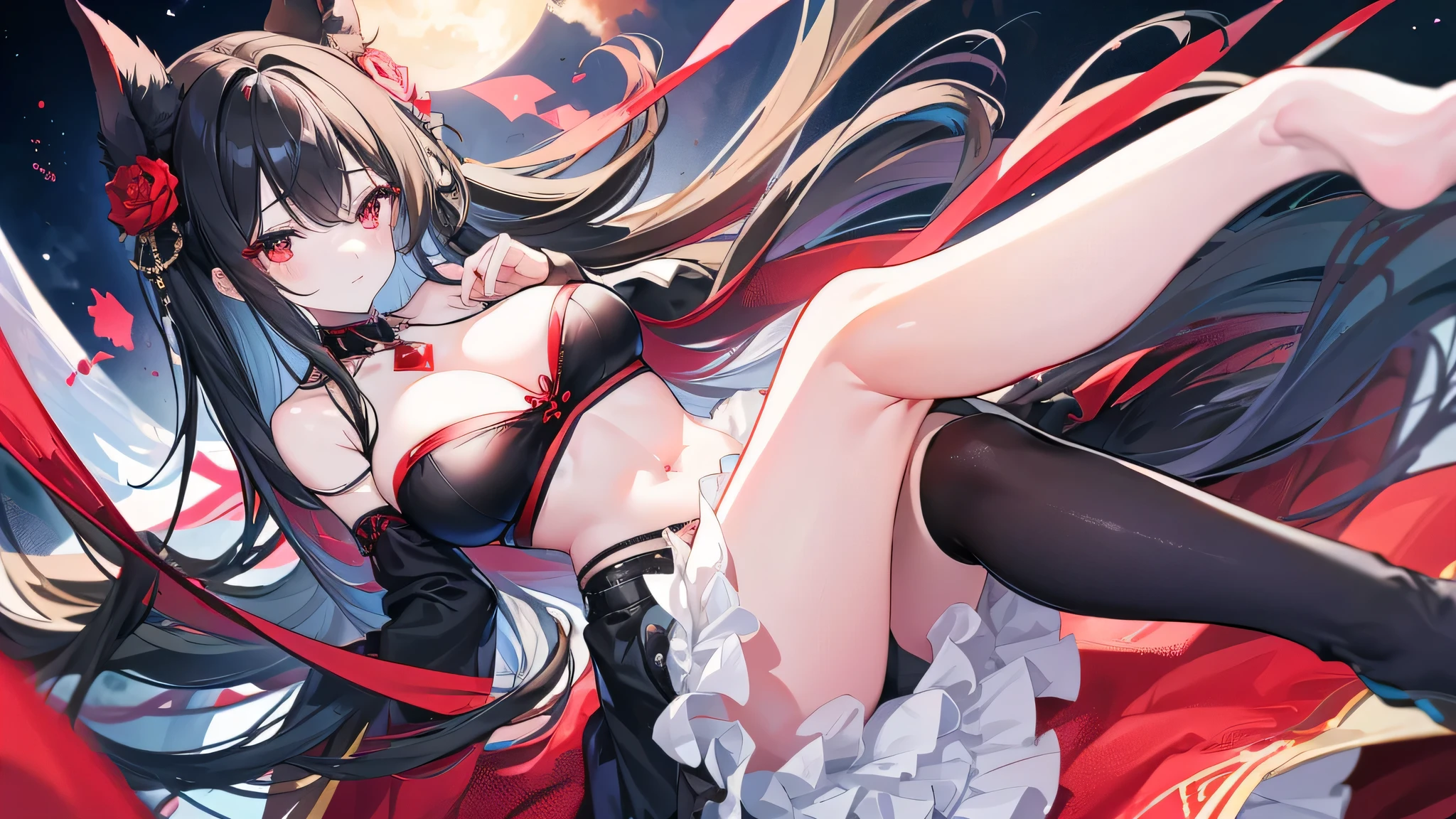 Anime girl fantasy world, medieval, long black hair, big red bow in the middle of her head, loose bright white dress, thigh-high stockings, showing white skin, good figure showing off curves, kneeling on the bed, leaning forward until the chest proportions are visible under the dress {{{both arms tightly folded under the chest}}} Personal camera angle Embarrassed face Renaissance, anime style, drop shadow, anatomically correct, best quality, UHD, masterpiece, anatomically correct, best quality