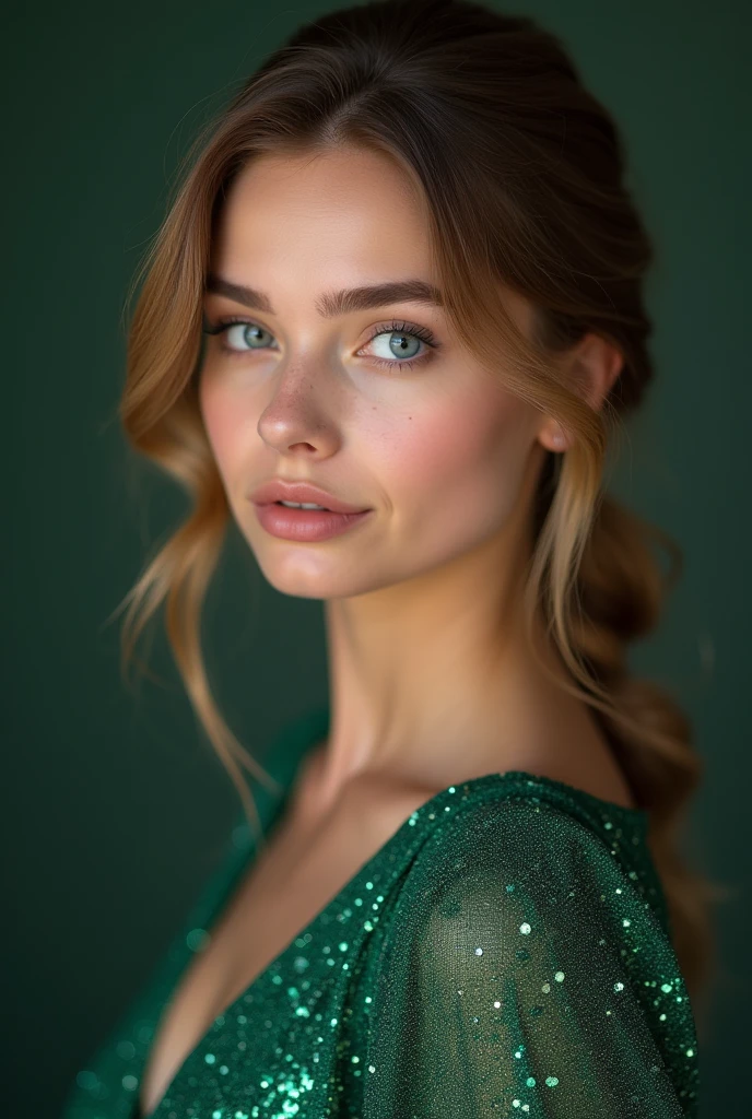 "Realistic image of a woman resembling Scarlett Johansson at a wedding, wearing a stunning teal-colored dress. Her striking eyes are beautifully emphasized, with an elegant hairstyle, set in a luxurious and festive wedding venue."