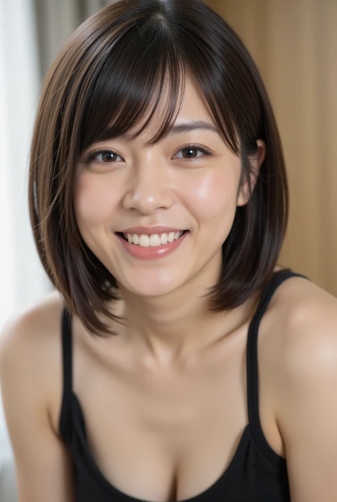   high definition ,   high detail ,   high definition,  High Quality  ,   Very detailed ,   Ultra High Definition, bangs,   short cut , ((smile)),   very big breasts ,   portrait photo ,   realism, Japanese, Realistic,  Beautiful Women,  Age 35， Short Hair ,  upper body,  bob cut , ( open her mouth )  Wide angle shot with lots of backgrounds , 