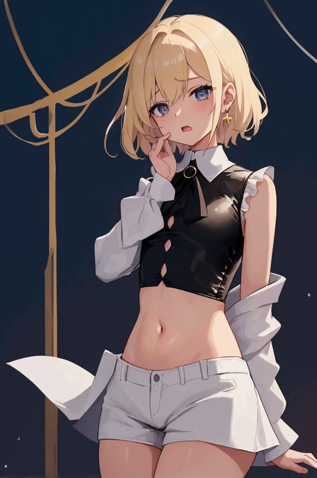 high resolution,smile,woman,woman1人,adult,cute,Medium Hair,Blonde Hair,Light blue eyes,Black off-the-shoulder blouse,Black shorts,Piercing,Black choker, Background white,Simple background,Touching your face,crazy smile,