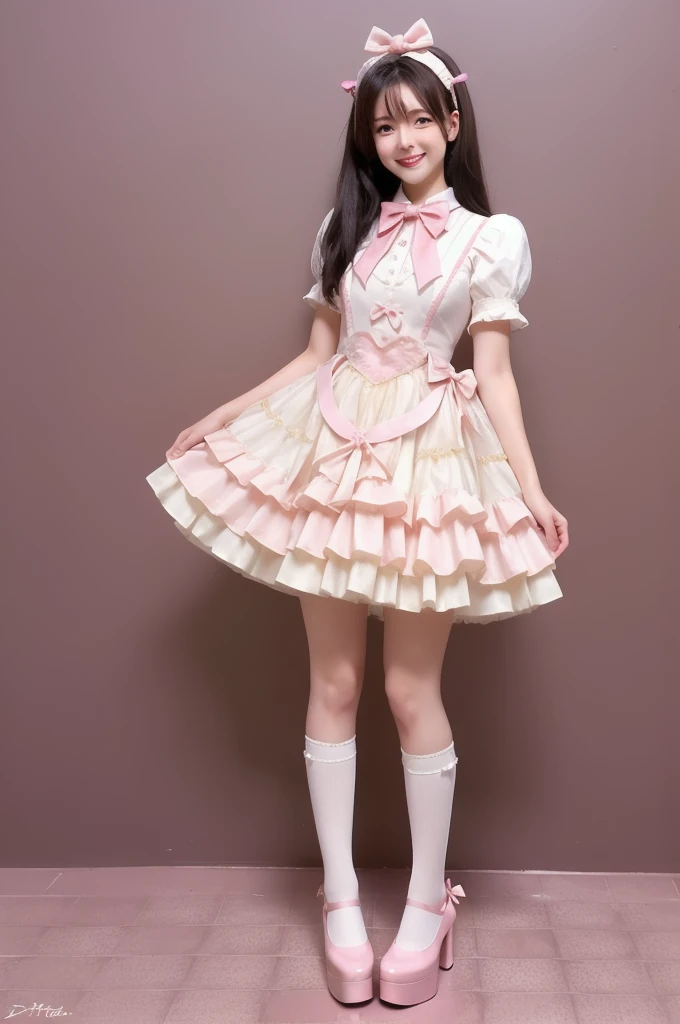 best quality, masterpiece, realistic, photorealistic, 1girl, solo, smile, black hair, long hair, standing, full body, cyb dress, dress, pink dress, layered dress, frilled dress, short sleeves, ribbon, bowtie, frills, bow, dress bow, heart symbol, hair bow, hair ornament, frilled socks, platform heels, pink background, (pink dress dirty),(ribbon dirty),(socks dirty),(high heel dirty),(hair dirty),(leg dirty),(frilled socks wet),(wet skin),(oily skin),(wet socks),(wet pink dress),(wet hair)