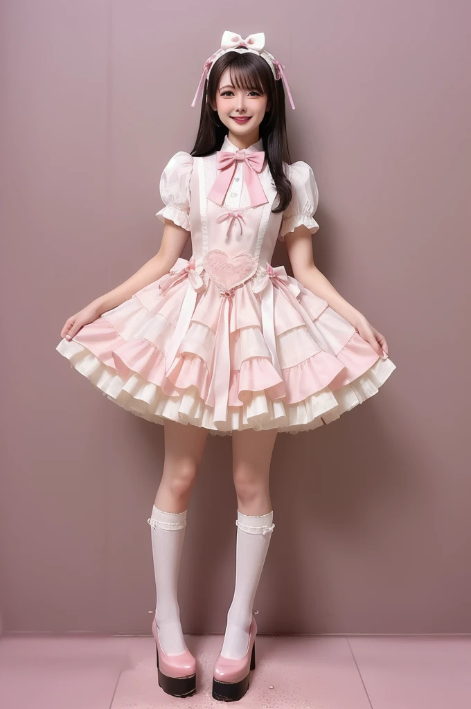 best quality, masterpiece, realistic, photorealistic, 1girl, solo, smile, black hair, long hair, standing, full body, cyb dress, dress, pink dress, layered dress, frilled dress, short sleeves, ribbon, bowtie, frills, bow, dress bow, heart symbol, hair bow, hair ornament, frilled socks, platform heels, pink background, (pink dress dirty),(ribbon dirty),(socks dirty),(high heel dirty),(hair dirty),(leg dirty),(frilled socks wet),(wet skin),(oily skin),(wet socks),(wet pink dress),(wet hair)