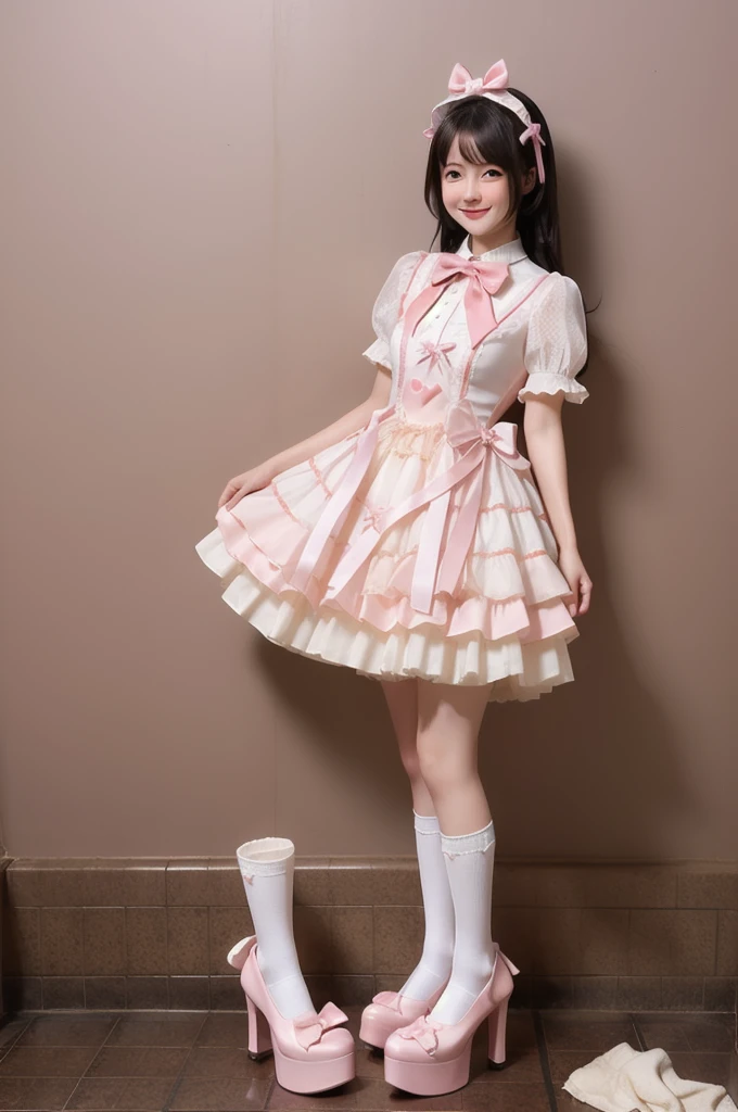 best quality, masterpiece, realistic, photorealistic, 1girl, solo, smile, black hair, long hair, standing, full body, cyb dress, dress, pink dress, layered dress, frilled dress, short sleeves, ribbon, bowtie, frills, bow, dress bow, heart symbol, hair bow, hair ornament, frilled socks, platform heels, pink background, (pink dress dirty),(ribbon dirty),(socks dirty),(high heel dirty),(hair dirty),(leg dirty),(frilled socks wet),(wet skin),(oily skin),(wet socks),(wet pink dress),(wet hair)