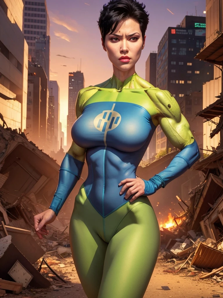 masterpiece,  best quality ,  1girl, Anissa , One,  Black hair ,  Short hair,  huge breasts, muscular, bodysuit, hands on hips,  ruined city ,  The background of the destroyed city, wicked,  red eyes