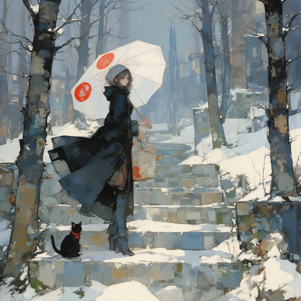 A tranquil winter scene in a serene, snow-covered forest. The setting features ancient stone steps partially covered with fresh snow, leading upward through a quiet landscape. The surroundings are tall, bare deciduous trees with intricate branches, creating a peaceful yet melancholic atmosphere. Faint sunlight filters through the overcast sky, casting soft shadows. A young woman stands midway up the steps, wearing an elegant black cloak that contrasts with the snow. Her face is calm, framed by dark, shoulder-length hair beneath her hood. She holds a striking red and white parasol with a circular Japanese pattern in one hand and a small woven basket in the other. A black cat sits nearby on the edge of the steps, slightly below her. The cat, wearing a red collar matching the parasol’s accents, observes her calmly, adding subtle harmony to the scene. The steps are weathered, uneven, and covered with moss and snow. Brown leaves and twigs are scattered along the edges, enhancing the natural detail. The color palette consists of cool whites, grays, and browns, accented by the parasol and collar’s bold red. The composition is framed by tall trees with intertwining branches. The scene captures a fleeting moment of quiet introspection, blending stillness and subtle motion in this serene winter landscape.