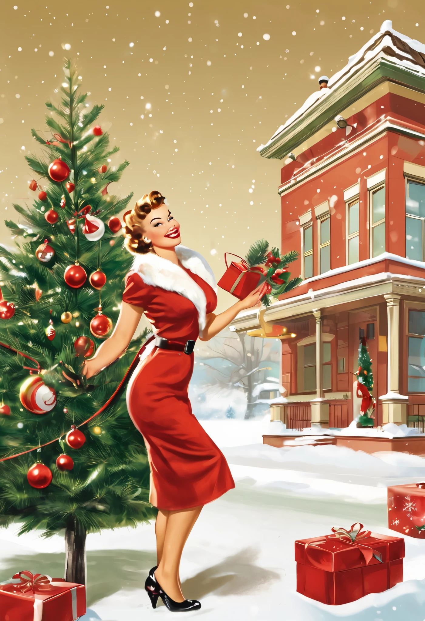 arafed woman in a dress holding a box of presents, lois van rossdraws, jean-sebastien rossbach, norman rockwell ross tran, diego dayer, by Pedro Pedraja, fabulous illustrations, by Glenn Fabry, by Yoshihiko Wada, milo manara style, alejandro burdiso style art, pinup art, otto schmidt, by Eddie Mendoza