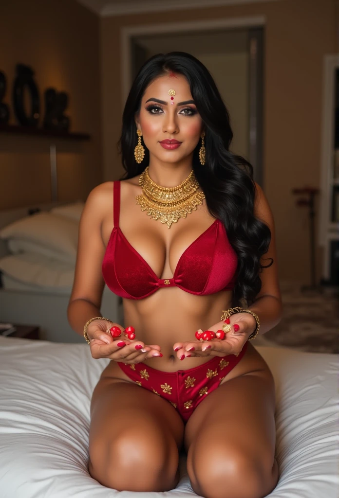 Create a hot indian mature lady wearing a velvet bra and panty with red bengels inboth hands with figure of 38DD--36--42. With Hindu sanskari married woman one hand inside panty with Red bindi on head and seating on the bed with wearing big thick golden chain and bridal makeup with two African man in white boxer and big banana shape created inside boxer and lady touch hand on boxer.