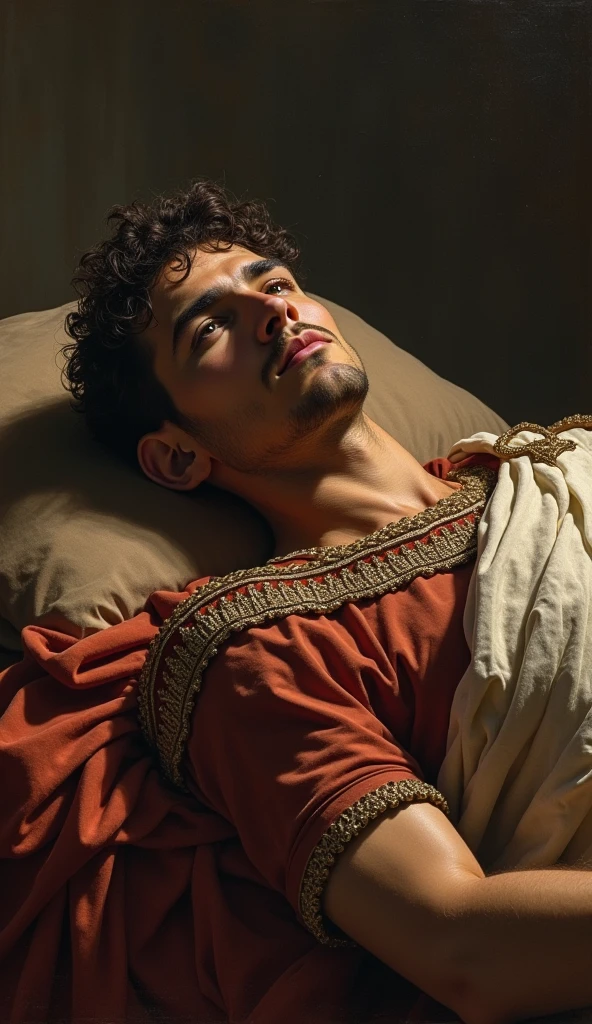 high qulity,Short black haired boy,It's very handsome,shy,perspire,cuteexpression,Be red in the face,Eight months pregnant,Wears a gold and silver bracelet chest chain,Chained,Lying on the bed in the golden room,lying on one's side on bed,Hold your stomach with one hand,Wearing a transparent white gauze dress,The red beans on the chest are held by silver clips,Reveals long white legs,Eyes are confused,The clothes were wet with water