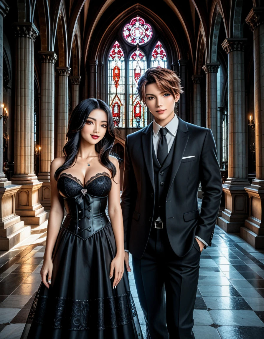  ceremonial image of a couple in formal clothes ,  Korean man with brown hair short brown eyes , black silk tie , black silk shirt, black jacket ,  black pants with a European-looking girl ,  blue eyes,  brown long hair ,  long black strapless funeral dress standing in front of the castle, kramskoi 4 k,  ecological gothic scene , gothic church background , neo gothic , gothic romance, Ruins in the background,  cathedral background ,  Stunning arcanum in the background ,  gothic lock in the background ,  behind her gothic cathedral , Victorian Gothic,  arcanum style series  (1 girl, 1 man)  realistic image , masterpiece,  artwork ,  hyperrealistic , rendering ,  realistic physical rendering ,  photorealistic rendering ,  highly detailed ,  high-quality render ,  architectural rendering ,  very realistic 3D render ,  realistic image 