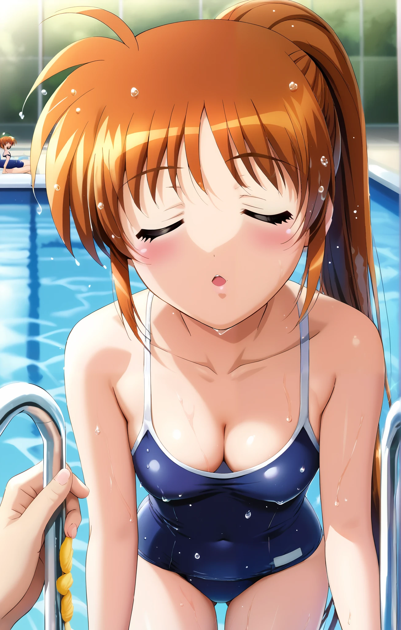 Nanoha, (face focus:1.2), (superior半身), ( small breasts), ( cleavage:1.2), ( school swimsuit:1.2), (Red cheeks:1.2), ( is fascinated:1.2), (incoming kiss), (closed eyes:1.2), (wet:1.2), (Pool:1.3),  score_9,  score_8_superior,  score_7_superior,  source_anime, (best quality1.2), 細部までこだわったanime,  high quality, full color, 8k, natural body shape,  high definition 