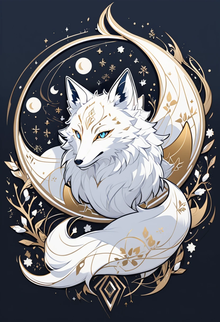 Logo sticker White snow fox and moon, line art logo, white and dark gold background, dark blue, solid