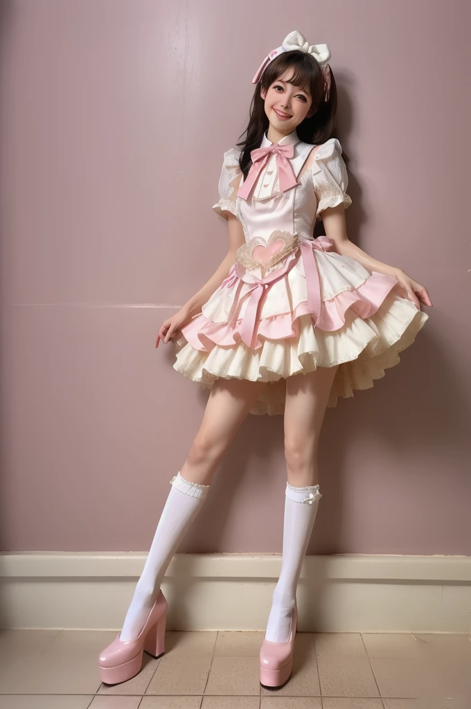 best quality, masterpiece, realistic, photorealistic, 1girl, solo, smile, black hair, long hair, standing, full body, cyb dress, dress, pink dress, layered dress, frilled dress, short sleeves, ribbon, bowtie, frills, bow, dress bow, heart symbol, hair bow, hair ornament, frilled socks, platform heels, pink background, (pink dress dirty),(ribbon dirty),(socks dirty),(high heel dirty),(hair dirty),(leg dirty),(frilled socks wet),(wet skin),(oily skin),(wet socks),(wet pink dress),(wet hair)