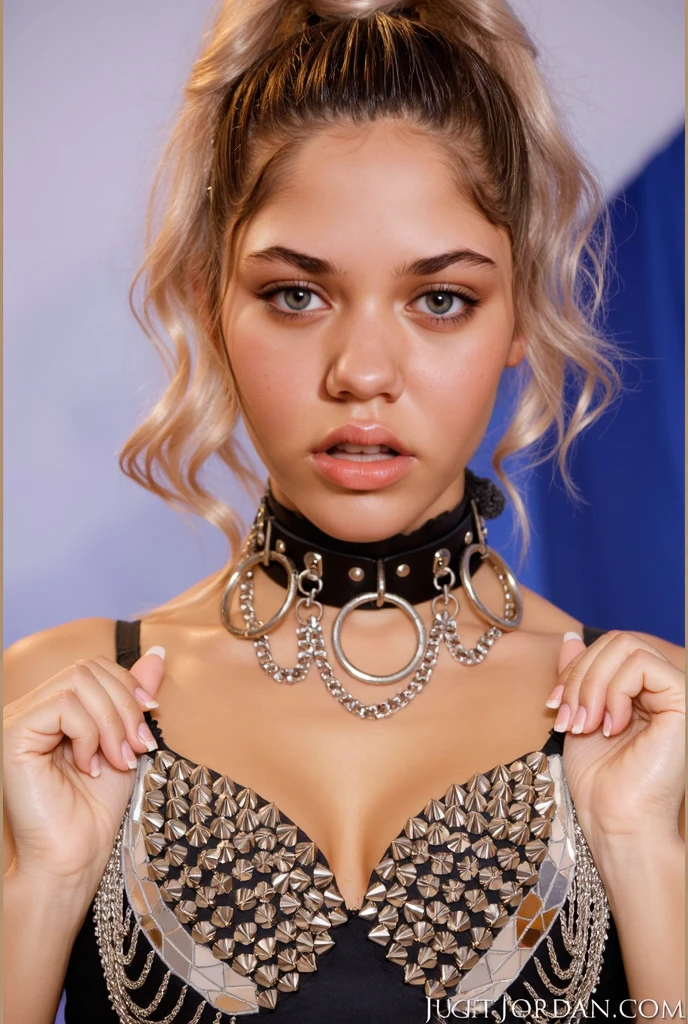 very tall girl, (very young, adolescent), (blonde hair, very small breasts, very skinny, nose ring, tatoos, fearful, scared), (pink latex bodysuit, choker), (close shot, face shot, portrait,intimate camera, realistic, photorealistic)