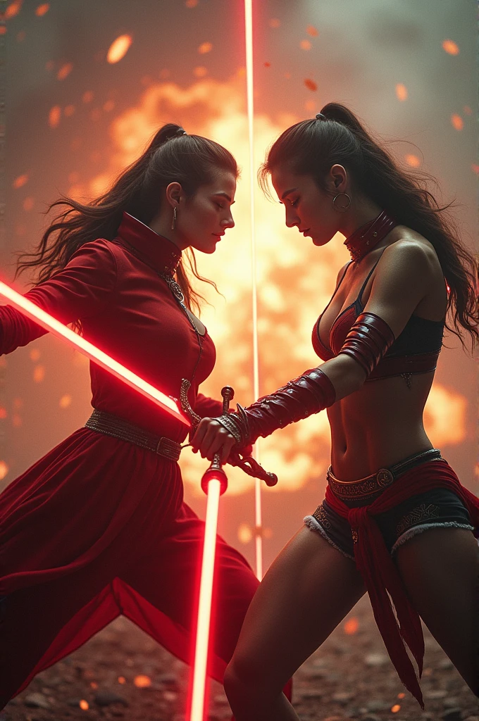 nsfw, jedi, battle damaged clothes, exposed skin, twins, good vs evil, dark red hair, slave armor, lightsaber duel