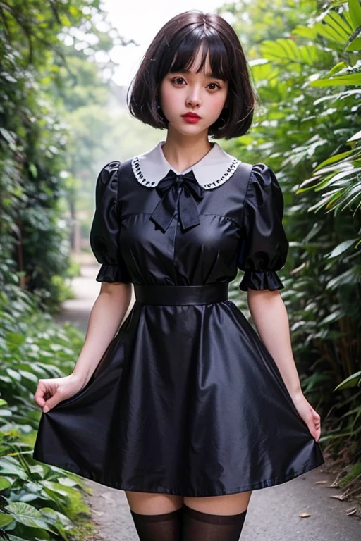 (realistic:1.3), finely detailed, quality, rembrandt lighting, (masterpiece:1.2), (photorealistic:1.2), (best quality), (detailed skin:1.3), (intricate details), dramatic, ray tracing, 1girl, japanese girl, 21 years old, detailed skin texture, (blush:0.5), (goosebumps:0.5), subsurface scattering, smiling, medium breasts, medium hair, pink hair, SasakiBlackDress, (black dress:1.2), short dress, puffy dress, long sleeves, puffy sleeves, black ribbon, hair ribbon, cowboy shot, (bright sunny day, outdoors, bushes, flowers, garden, sky), <lora:SasakiSaku:1>