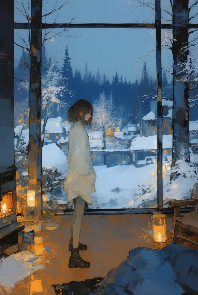 A serene winter scene viewed from inside a cozy house. The girl stands on a polished wooden floor with a soft, warm rug beneath her feet, adding a sense of comfort. She gazes out through a massive, floor-to-ceiling glass window. Outside, a magical, snow-covered garden is surrounded by dense, snow-laden trees. The window has slight condensation, emphasizing the warmth inside. The interior is illuminated by a soft, warm glow, possibly from a fireplace or ambient lighting, creating a stark contrast with the cold, blue-toned snowy landscape outside. A few decorative items, such as a wooden chair or a small table, are visible in the room, further enhancing the cozy indoor atmosphere. The snow outside is pristine, blanketing the ground and trees in perfect white, while the deep forest in the background adds a mysterious charm. The entire composition balances the warm interior with the cold, serene beauty of the winter wonderland beyond the window.