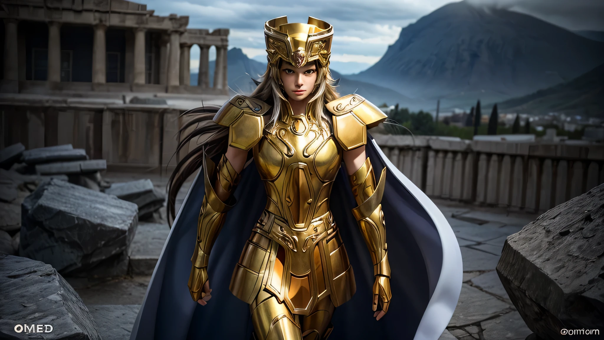 a woman in golden armor holding a sword and standing in front of a column, golden goddess athena, blonde goddess, angelic golden armor, golden armor, light golden armor, golden goddess , goddess venus athena, stunning goddess giant shot, elegant gold armor , gold armor, roman goddess, extremely detailed goddess, gold armor, greek goddess athena.