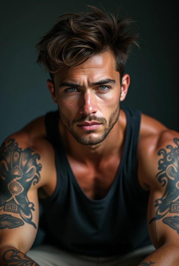 A handsome guy wearing some cool clothes with a bad boy kind of image
 some tattoos on arms, chest, and back
dark brown messy hair. Maybe a bit longer than the usual cut, but still easy to manage. Skin-wise a bit tanned. Nothing too extreme, just enough to have a bit of a golden touch. And deep blue eyes.
