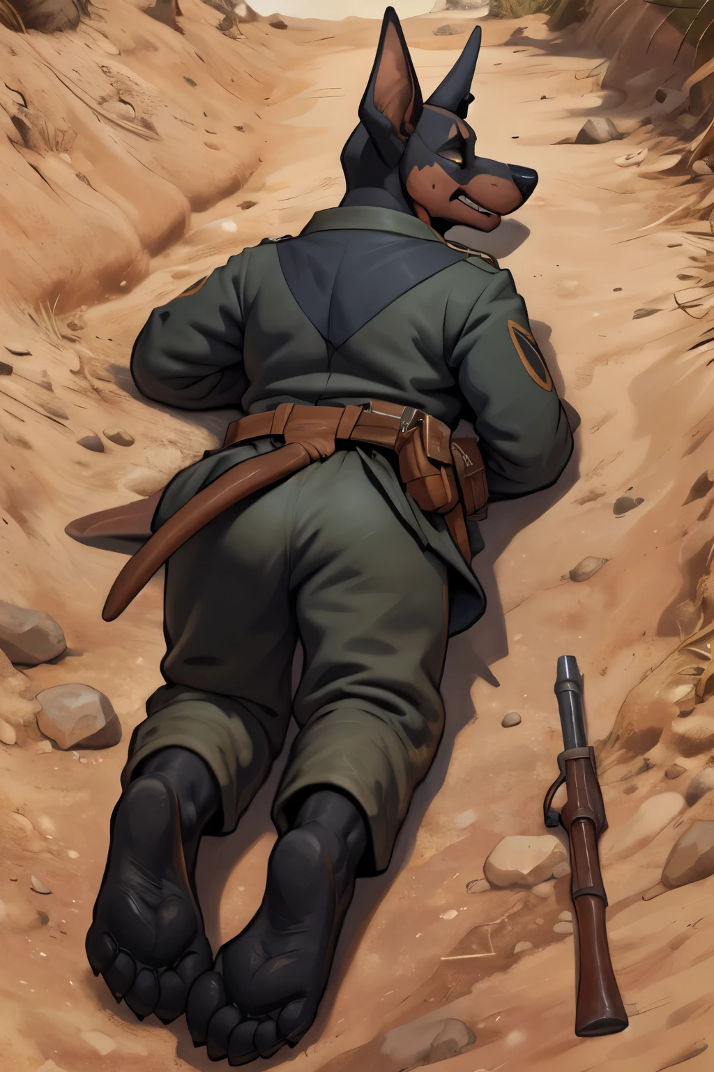 (ultra quality):1.4, color, smooth comics style, (by takemoto arashi, by meesh, by Taran Fiddler), solo:1, (defeat)) ((blackfeetsoles)) ((black feetsoles)) ((knockout face)) did a german doberman in the german soldier uniform without shoes, ((without pants)) He is dead in the trench, lying on the back, closed eyes, tonque stuck out of the mounth, defeated on the floor after a fight, exhausted, closed eyes, tonque out of the mounth , ((feet focus)) doberman tail. Battlefield (uniform german world war 1)) ((world war 1)) ((ww1)) ((white legs)) ((black pawpads)) (five toes) 5toes, 5finger ((doberman)) (blackpawsole) (feral feet) (additional paws from hidden characters that you can't see) ((without pants)) ((Pants pulled down to the knees))  ((doberman tail)
