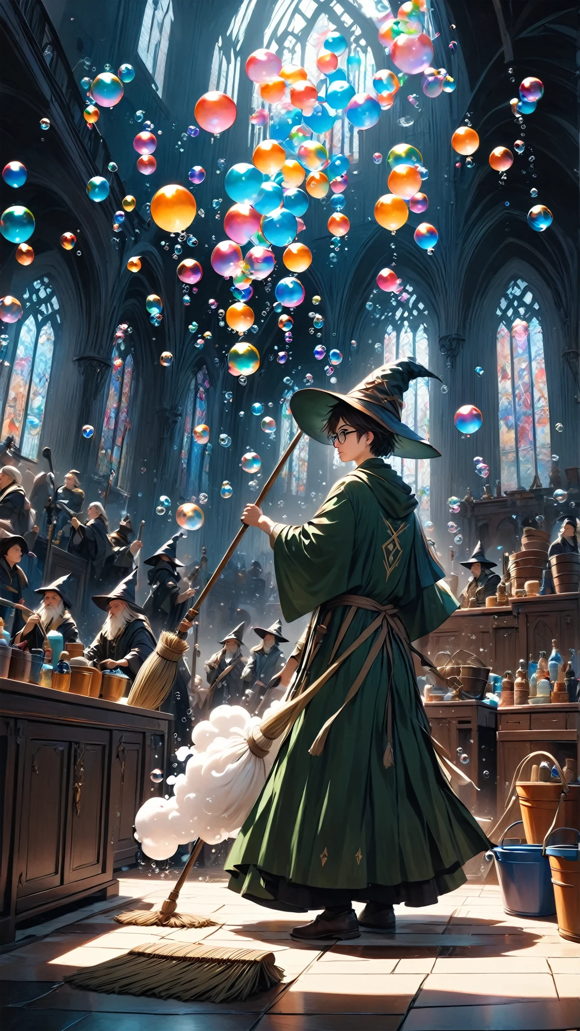 score_9, score_8_up, score_7_up, score_6_up, masterpiece, best quality, 4k, high res, extreme wide shot, a wizard cleaning, wizard \(boy, glasses, robe, wand, pointy hat, anxious\), (bubble:1.5), water bucket, foam, floating mop, floating duster, floating broom,