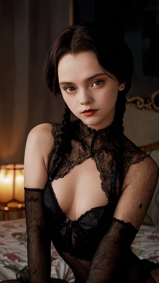 wednesday90,(((girl 10 años de edad))) ,sexy girl in dark lace lingerie and lace stockings,lace gloves large,open legs and arms,hair with two braids,dark lipstick,pale skin