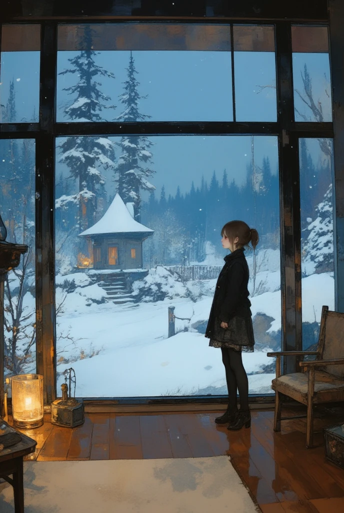 A serene winter scene viewed from inside a cozy house. The girl stands on a polished wooden floor with a soft, warm rug beneath her feet, adding a sense of comfort. She gazes out through a massive, floor-to-ceiling glass window. Outside, a magical, snow-covered garden is surrounded by dense, snow-laden trees. The window has slight condensation, emphasizing the warmth inside. The interior is illuminated by a soft, warm glow, possibly from a fireplace or ambient lighting, creating a stark contrast with the cold, blue-toned snowy landscape outside. A few decorative items, such as a wooden chair or a small table, are visible in the room, further enhancing the cozy indoor atmosphere. The snow outside is pristine, blanketing the ground and trees in perfect white, while the deep forest in the background adds a mysterious charm. The entire composition balances the warm interior with the cold, serene beauty of the winter wonderland beyond the window.