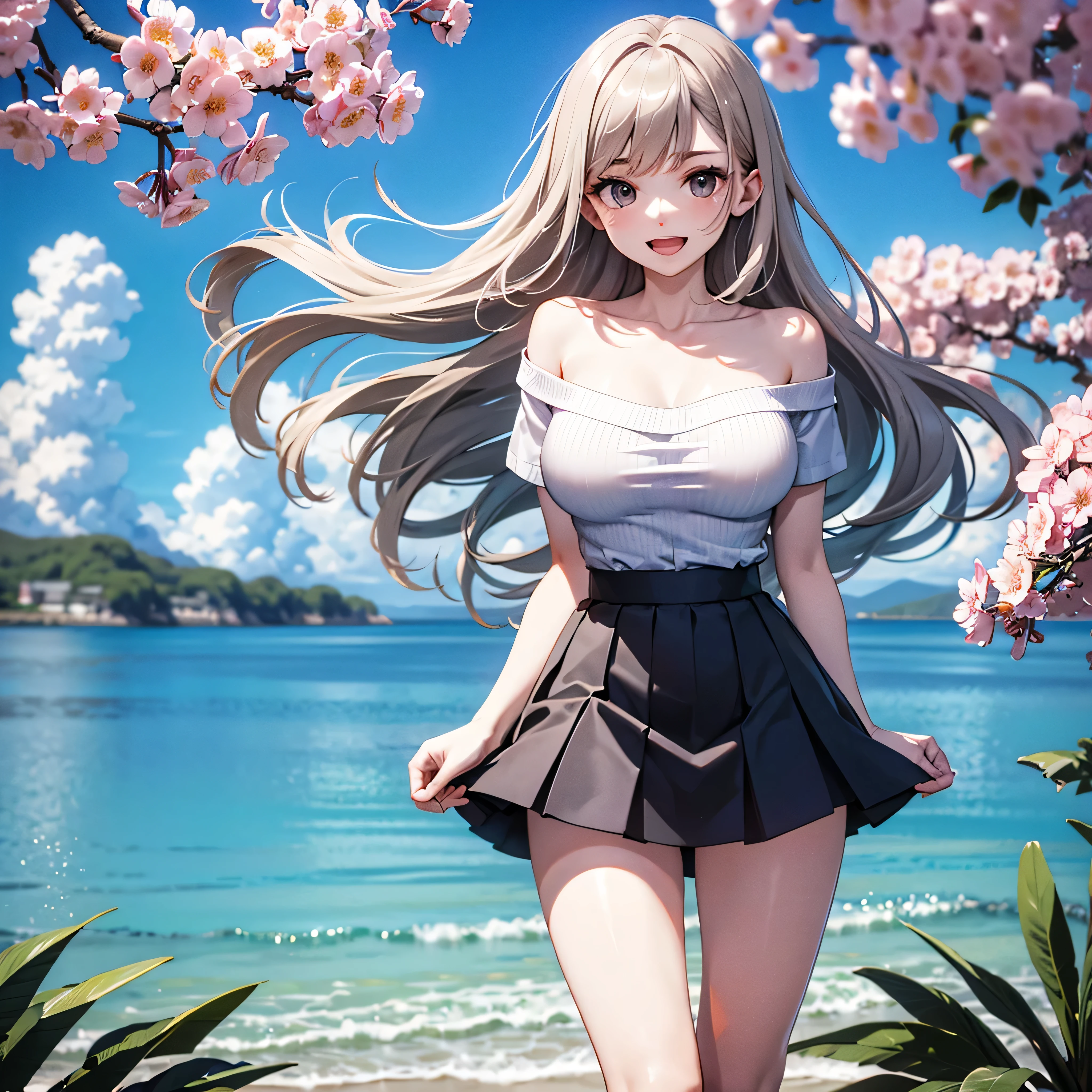 landscape, seaside, ocean in distance, blowing wind, fluttering cherry blossoms, BREAK, (solo), 1 skinny girl standing alone, swaying back, arms behind back, sad smile for viewer, open mouth. BREAK, (bouncing large breasts), narrow shoulders, narrow skinny waist, short torso, long skinny legs, BREAK, off-shoulder white shirts, collarbone, very short skirt, thigh gap