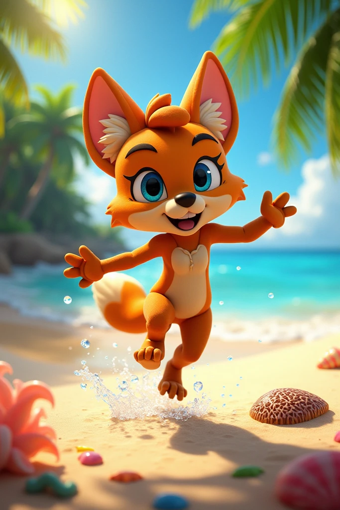 Sally Acorn, 1girl, solo, tree, sky, outdoors, tight bikini, cloud, brown, hair, midday, lens, flare, scenery, beach, wet, sun, wind, long, water, animal nose, splashing out, vignette, old film, detailed body, full body, close to camera, looking at viewer, 8mm film, photorealistic, god rays, cleavage, deep shades, deep shadows, small mouth, small bikini, navel button, brown arms, visible fur.
