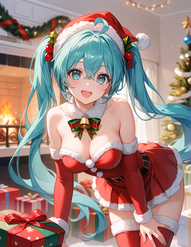 A highly detailed and vibrant 8K anime-style image of a cute girl dressed as Santa Claus in a cozy, festive room decorated for Christmas. The girl has big, sparkling eyes, a cheerful smile, and is wearing a red and white Santa outfit with fluffy trim, a Santa hat tilted playfully, and thigh-high red boots. She is holding a small gift box with a golden ribbon. The background features a large, beautifully decorated Christmas tree adorned with ornaments, lights, and a glowing star on top. The room is warmly lit by a fireplace with stockings hanging above it, and there are wrapped presents scattered around. The atmosphere is joyful and magical, with soft snowfall visible through a frosted window. The image is rendered in high resolution, showcasing intricate details and vibrant colors,

hatsunemiku, miku hatsune, ahoge, aqua eyes, aqua hair, crossed bangs, hair between eyes, hair ornament,long hair, twintails,best quality, high resolution, unity 8k wallpaper, (illustration:0.8), (beautiful detailed eyes:1.6), extremely detailed face, perfect lighting, extremely detailed CG, 