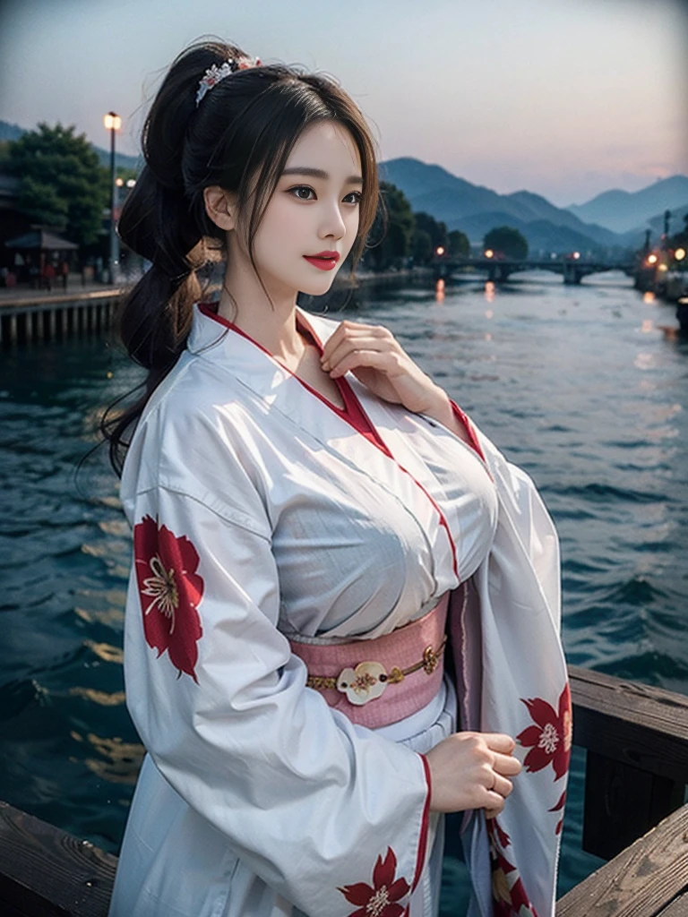 ( A super cute Korean aunt is standing wearing a kimono:1.3)(Grinning:1.1)( sweaty skin:1.2)(16k,  RAW photos ,  best quality, masterpiece: 1.2),(艶やかな sweaty skin:1.3)  super detailed,  ultra-resolution, (Genuine, Genuine photos: 1.37), Portraiture,  high-resolution RAW color photo ,  professional photos,  very detailed, 8k wallpaper,  very detailed CG Unity 8k wallpaper,  very detailed beautiful girls,  very detailed faces, ((whole body)), beautiful woman,  huge breasts,(huge boobs:1.1) ( big boobs:1.1), Beautiful college student (Sexy long-sleeved kimono),Yukata, Korean,(milf), (Beautiful mature)(Beautiful office lady:1.1)(Midnight Fireworks Festival on the River:1.2)(51 years old)gal,Gal,Heavy makeup(Sweaty skin:1.2)(Shiny tied ponytail hair)(from side)Luxury Necklace,Furisode,Yukata, kimono(NSFW:1.3)