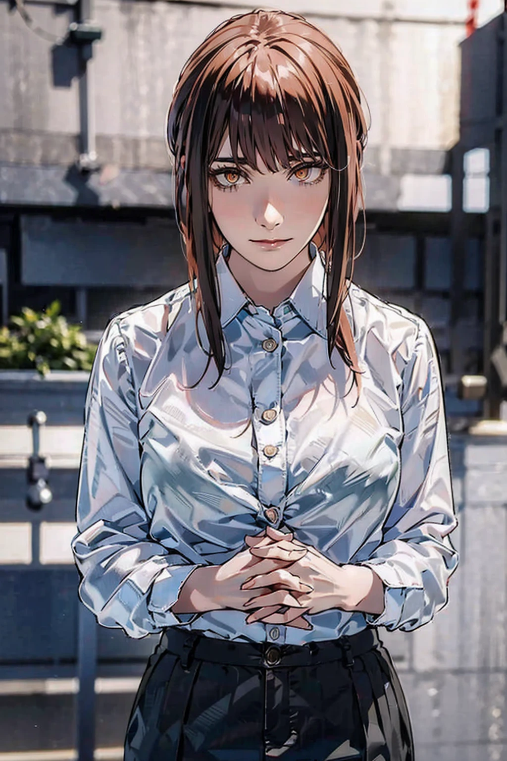 ( Front View ) Woman standing with her hands together in front of her chest, ( shirt, tie, pants:0.5) (Realistic detailed face), ((( High Details ))), zoomed out, Symmetrical face, Detailed Students, 's expressive eyes , compensate, Real Photo, Contemporary look, Real Photo (Realistic:1.5)
