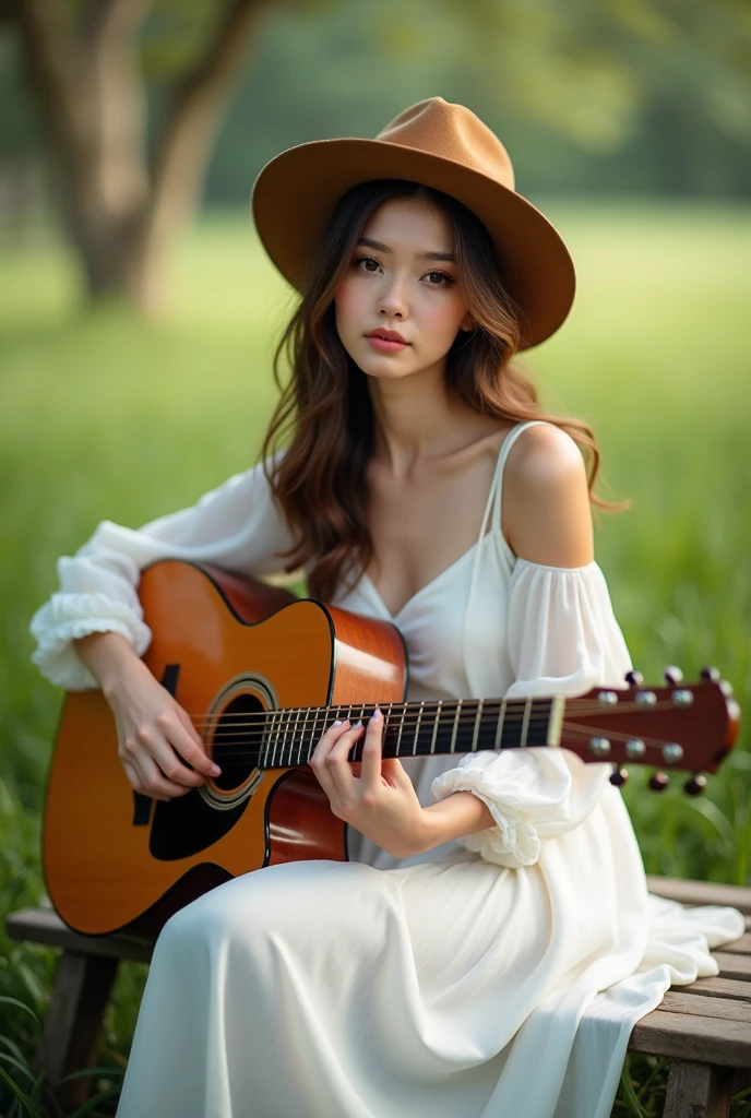 a very beautiful woman in a white dress, sitting on a bench - SeaArt AI