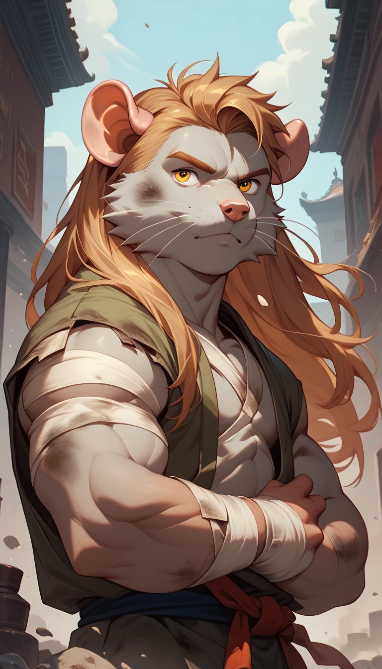 Alone,long hair,golden eyes, hairstyle, monk,buff,young,dirty clothes, bandages, fur-trimm,rat furry,master Splinter, dark city background 