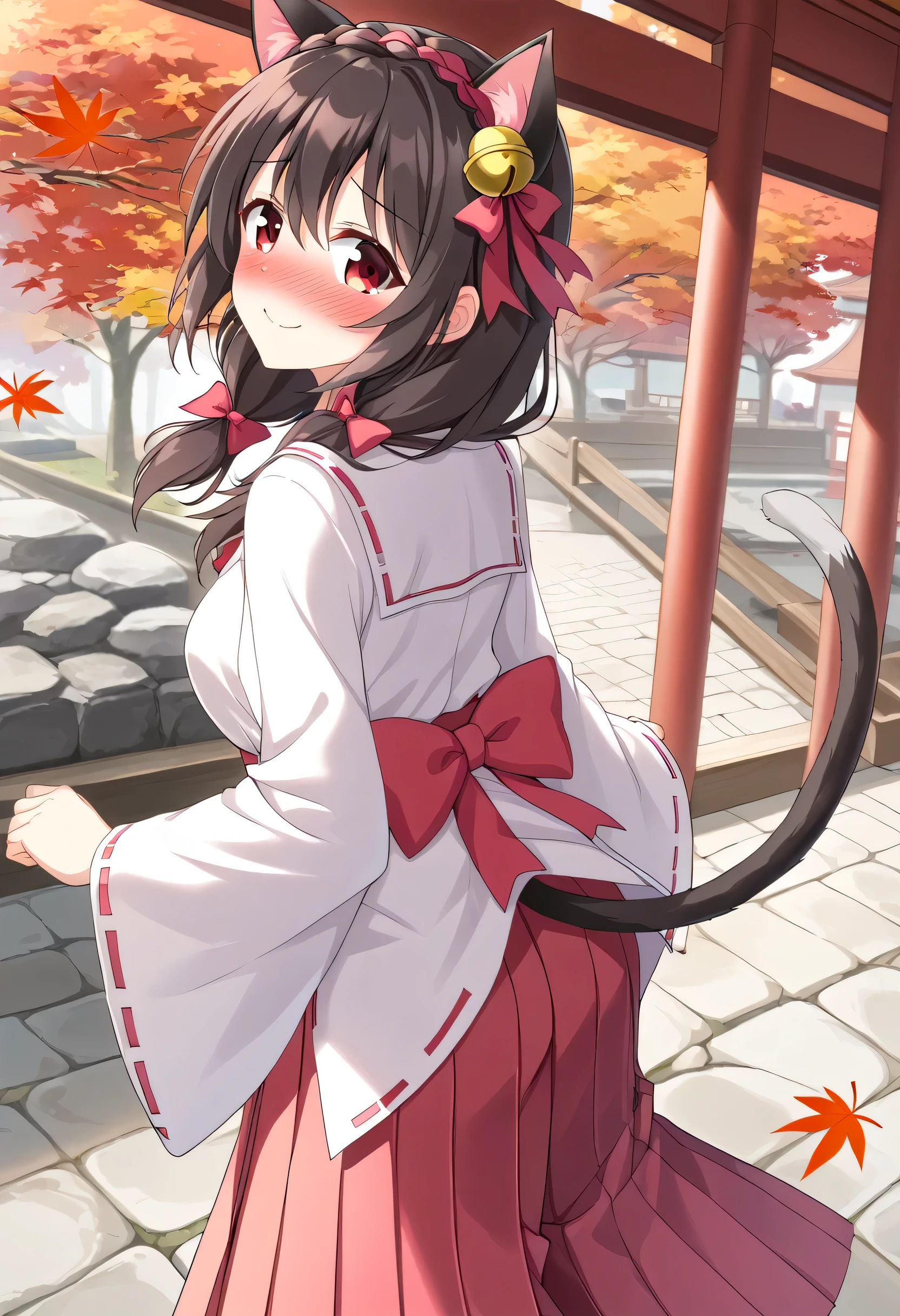 yunyun、masterpiece, best quality,  high definition ,one person, Yunyun、 Former name yunyun,  crown blade the same color as your hair,  black hair、Red eyes、 hair accessory with a bell ,  hair bow , ( white and pink shrine maiden costume 、Hakama is a red )、 big-breasted 、(blush)、autumn leaves、(shrine:1.2)、Standing、( with an embarrassed smile:1.4)、blush、View the viewer、(Looking Back:1.3)、(Cat ears)、(Looking up)、Tail