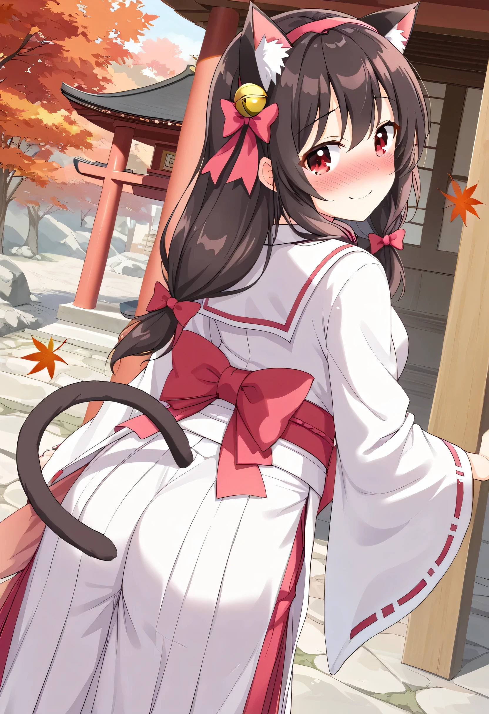 yunyun、masterpiece, best quality,  high definition ,one person, Yunyun、 Former name yunyun,  crown blade the same color as your hair,  black hair、Red eyes、 hair accessory with a bell ,  hair bow , ( white and pink shrine maiden costume 、Hakama is a red )、 big-breasted 、(blush)、autumn leaves、(shrine:1.2)、Standing、( with an embarrassed smile:1.4)、blush、View the viewer、(Looking Back:1.3)、(Cat ears)、(Looking up)、Tail