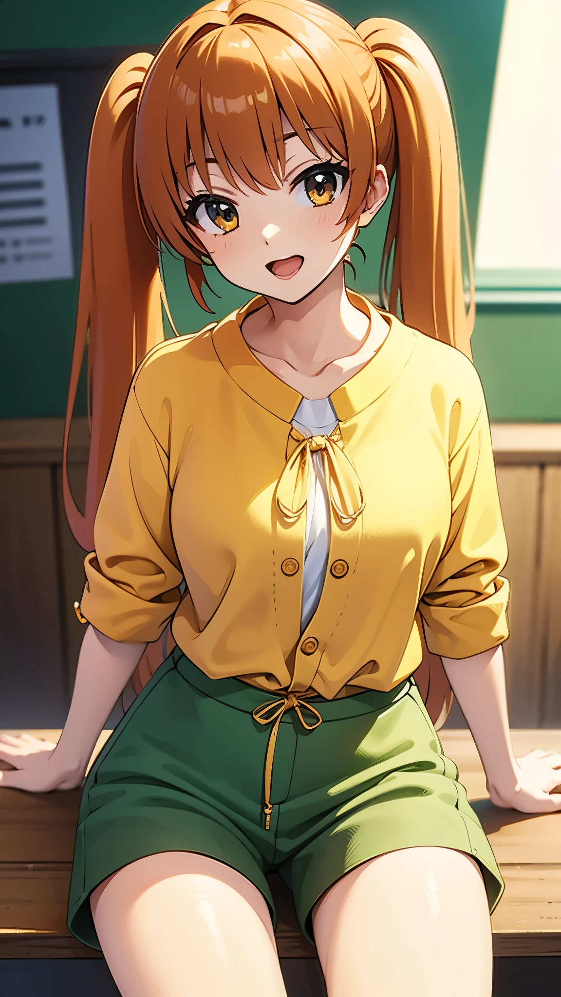 indoor, in lunch store, sitting, anime style, angry, pout1:4, teas, orange hair1:4, break high bridge1:8, BREAK super straight hair, BREAK long side twin tails1:6,BREAK yellow string bow1:2 break dark green shorts1:3, (best quality,8k,highres,masterpiece), detailed face, detailed eyes, detailed lips, long eyelashes