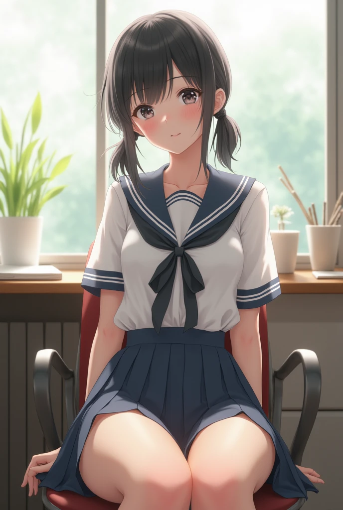 (masterpiece, 4K resolution, Ultra-realistic, Very detailed), girl、、12 years old、naby blazer、Sit on a chair、classroom、smile、Black Hair、Side Ponytail、Brown eyes,holding panties,presenting panties,Perfect Fingers、tie,white panties