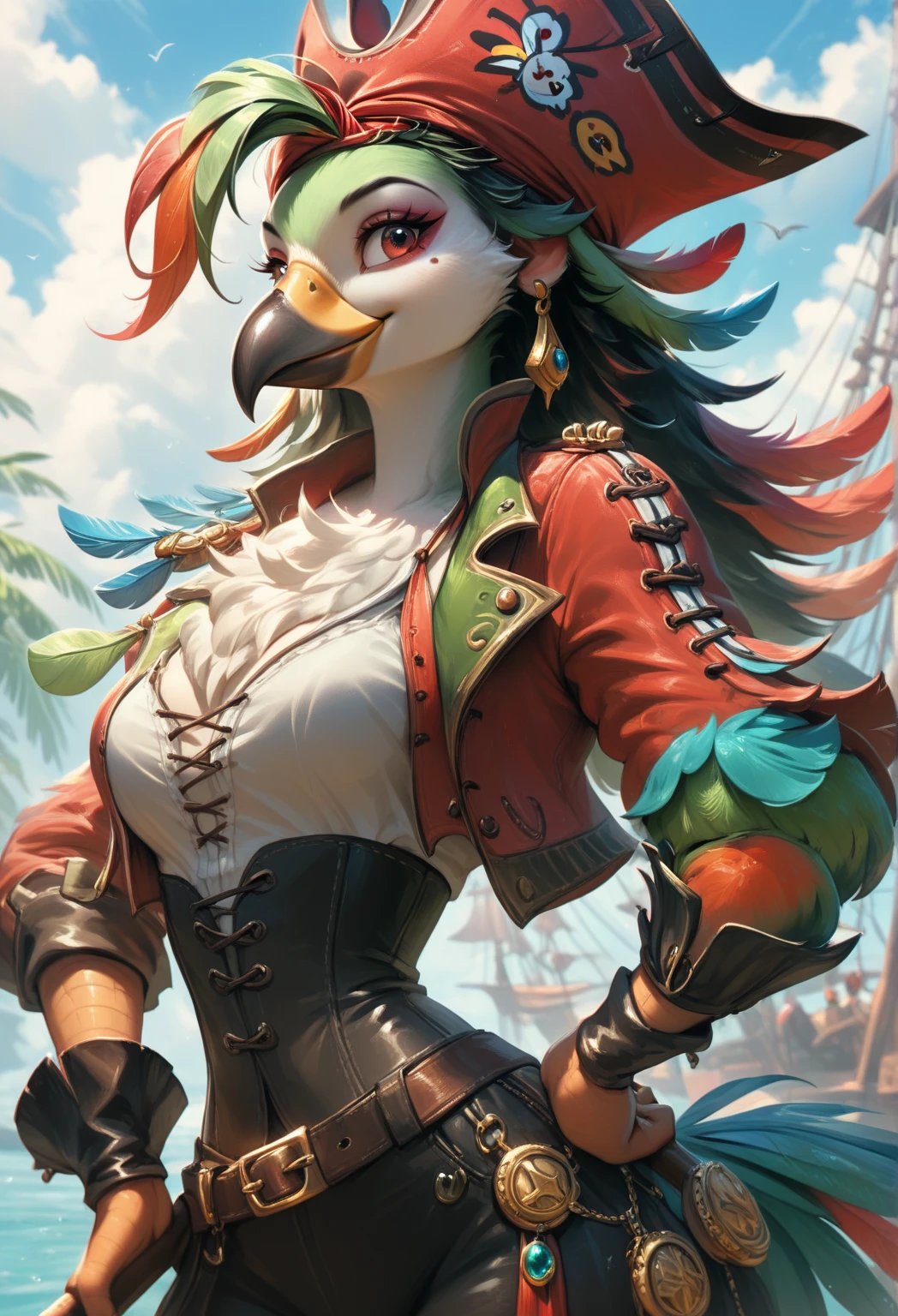 kftenhance, safe_pos, score_9, score_8_up, score_7_up, score_6_up, Parrot Girl, Parrot head, Breasts, Smiling Beak, Multicolored Feathery Skin, Furry Bird Pirate, Holding Cutlass 