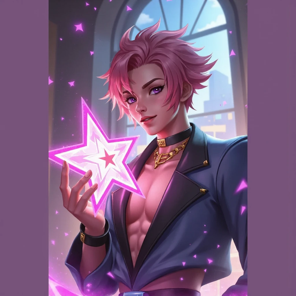 Ezreal with shirtless pink hair and underwear with a hard dick looking at the camera,  Best Quality , 